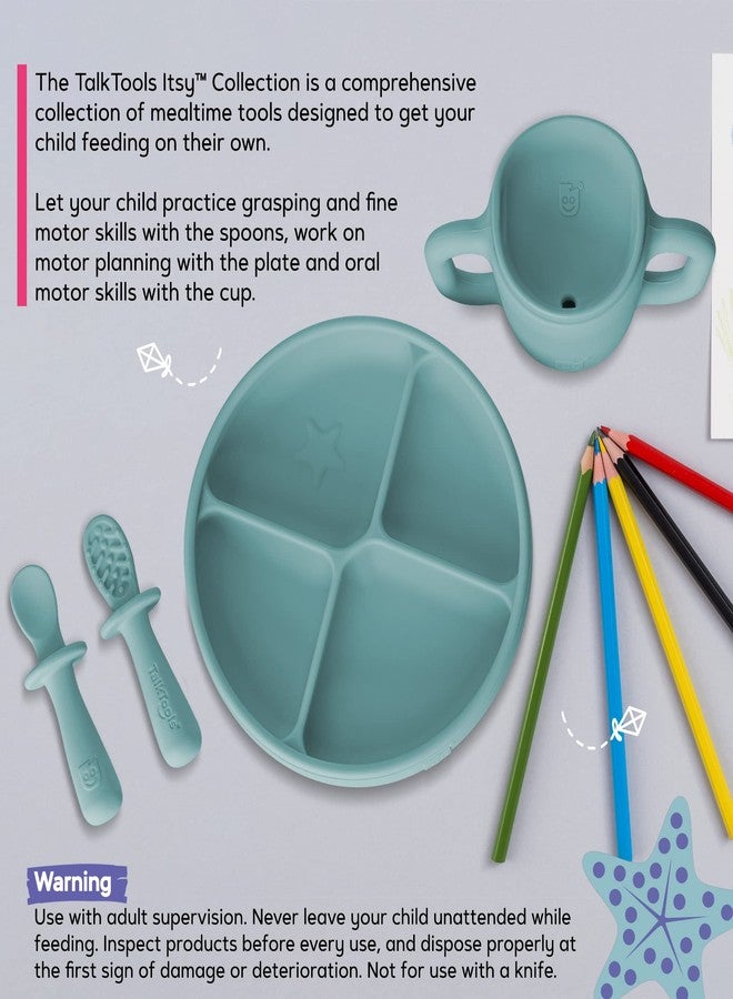 TalkTools ITSY Silicone Baby Plates Set with Suction – Feeding Essentials for Toddlers 6–12 Months+ | BLW Mealtime Set with Twin Spoon, Spill-Proof Sippy Cup | Self-Feeding Utensils (Sage) - Image 5